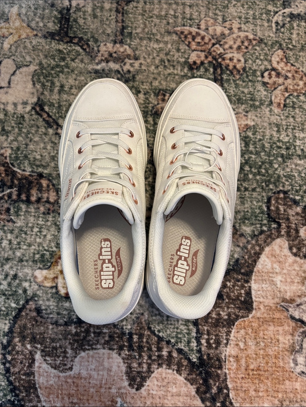 Skechers Women’s White Casual Slip-Ins Sneakers with Rose Gold Eyelets